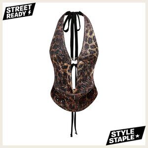 Cheetah Print Sequin Halter Crop Top with Tie Back Corset Style